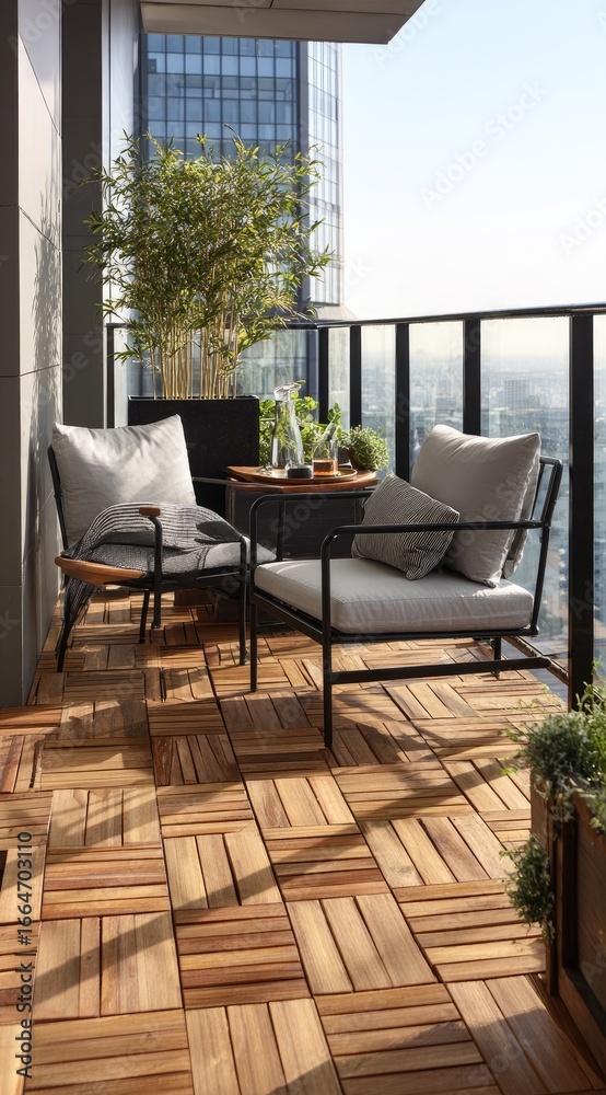 Fototapeta premium Modern balcony with light-colored furniture and a potted plant