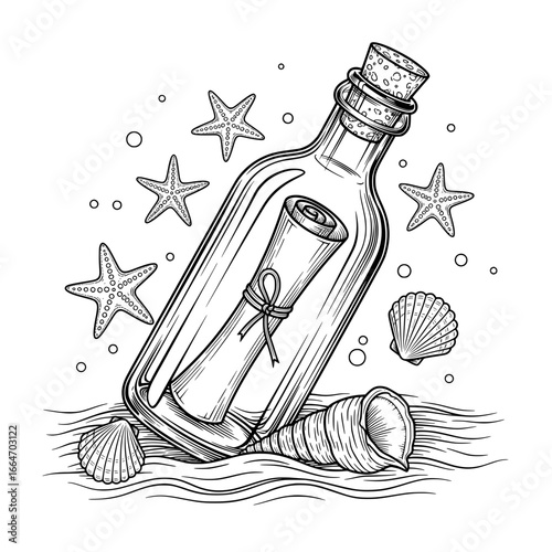 Handdrawn message in a bottle sketch illustration on the beach with seashells
