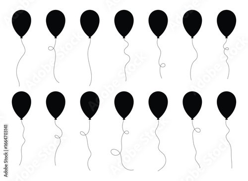 A dozen black balloons ascend against a stark white background. Each balloon is tethered by a delicate, curling string. The image creates a simple, elegant, and celebratory mood.