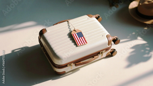 Elegant suitcase with American flag tag, ready for travel and adventure, evokes wanderlust and freedom, perfect for vacation planning