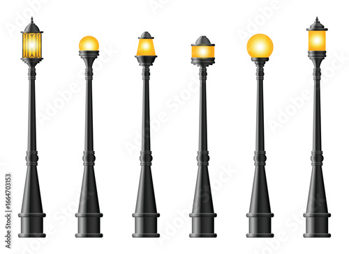 A diverse collection of black street lamps stands in a neat row, each topped with a unique light bulb shape emitting a warm, inviting glow on a plain backdrop.