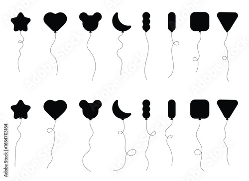 A simple monochrome image shows a collection of black balloons in diverse shapes such as star, heart, square, triangle, and moon, each held by a curling string.