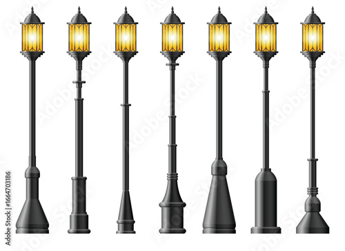 This image presents a collection of vintage-style streetlights, each boasting a unique design. These decorative light posts stand uniformly against a stark white backdrop, emanating warmth.