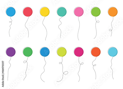 A whimsical and vibrant display of twelve simple, outlined balloons in various colors against a clean white backdrop. Each balloon is tethered by a thin, winding string.