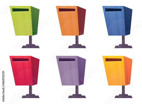 Six colorful cartoon mailboxes stand in neat rows on a plain background. The mailboxes are green, orange, blue, red, purple, and yellow, adding a playful touch.  