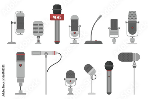 A vector illustration features an array of microphones used for news reporting, singing, and podcasting, showcasing different styles and sizes of audio recording equipment.