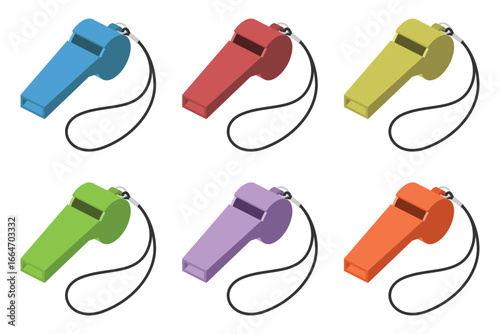 A group of six whistles, each with a unique color like blue, red, green, yellow, purple, and orange with a black lanyard and isolated against a white background.