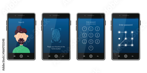 Four smartphones are displayed, each showing a different screen security method: face ID, fingerprint scan, numeric password, and pattern password lockscreens.