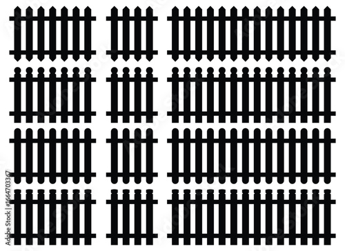 This image displays a variety of fence designs in black silhouette. The different styles provide options for creating a boundary or enclosing a yard or garden. They are simple in design.