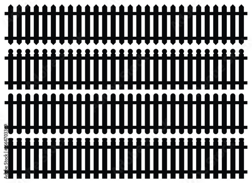 This is a monochromatic graphic showcasing different styles of picket fences. The fences vary in design, each with unique shapes on the top of the pickets.