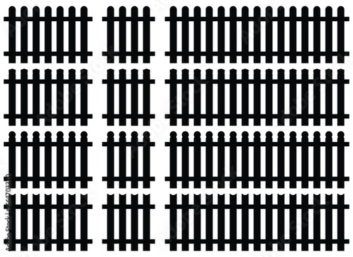 Silhouetted images of black picket fences featuring variations in the design of the fence post tops, all against a plain background.