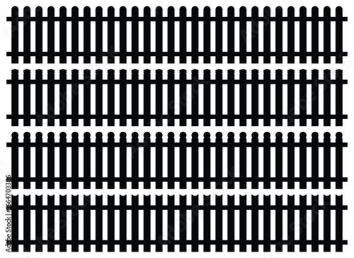 Four rows of simple, black silhouette fences. The fences are a repeating pattern of vertical bars and horizontal supports. This image is a pattern illustration.