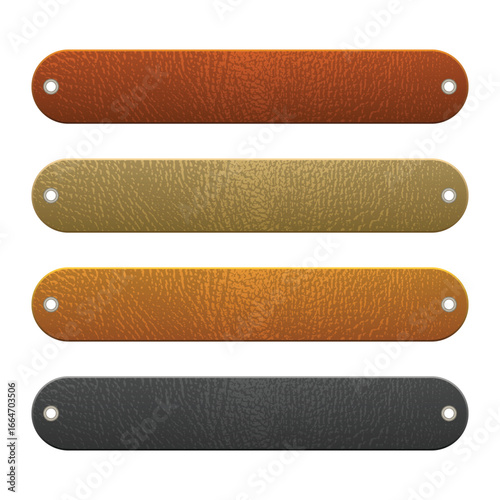 Four textured banners, simulating leather, in orange, tan, light orange, and black. Each has grommets for easy attachment, ideal for labels or decoration.