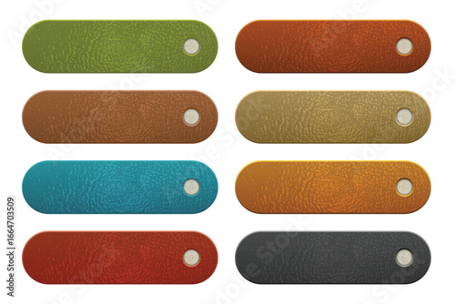 The image features eight textured buttons in assorted colors, each oblong-shaped with rounded ends and a small hole in the center, arranged against a white background.
