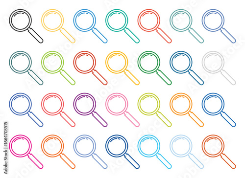 An array of vibrant, outlined magnifying glasses arranged in neat rows. Each glass has a different color showcasing a spectrum of the rainbow on a white background.