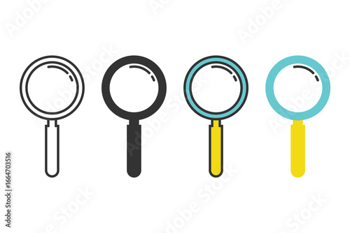 The image presents four magnifying glass illustrations with varying line weights and colors. The handles are rounded, and the overall design is clean and simple.