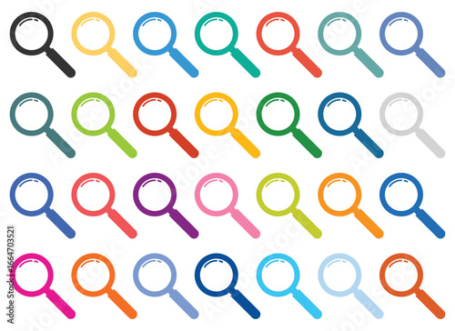 A neatly arranged collection of colorful magnifying glasses against a clean white background. The magnifying glasses span various shades of the rainbow.