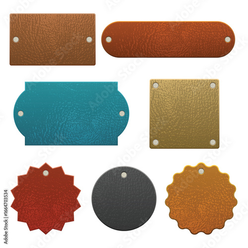 This image showcases diverse geometric leather labels in various shapes and colors, including square, circle, and starburst designs, each with distinct textures and fasteners.