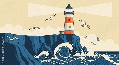 Beacon of Guidance: A Coastal Lighthouse Scene with Birds and Crashing Waves, Illuminating the Sea Under a Tranquil Sky Depicting Hope and Safe Passage
