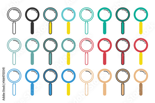 A collection of magnifying glass icons, each with unique colors. The magnifying glasses are neatly arranged in rows on a clean, white background. Simple shapes and colors.