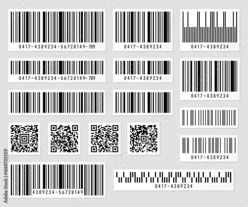 The image displays a collection of diverse barcodes and QR codes, essential tools for tracking, identification, and encoding information in retail, logistics, and data management.