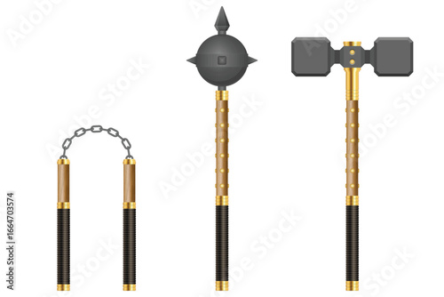 A mace, hammer, and nunchucks rest against a white backdrop. The medieval weapons, made of gray and brown materials, offer a glimpse into martial arms and historical warfare.