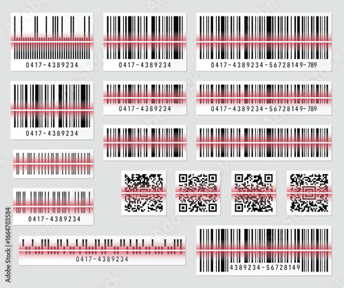 A collection of different barcodes and QR codes on a white surface, each being scanned by a red laser line for demonstration purposes. Numbers are visible below each.