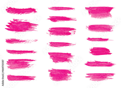 A collection of twenty-one pink watercolor brushstrokes are displayed on a clean, white background. The strokes vary in length, width, and texture, creating a dynamic aesthetic.