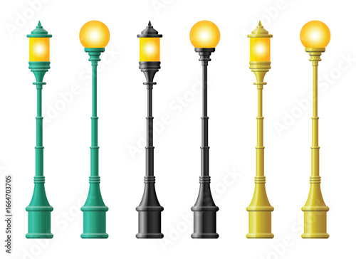 Diverse set of isolated street lamps, each displaying a unique style in shape and color. The lamps are on a white background, enhancing their individual characteristics.