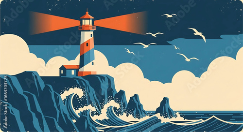 Coastal beacon of hope a serene illustration of a lighthouse guiding ships through the twilight sky painted with calm colors and inviting seagulls in the distance