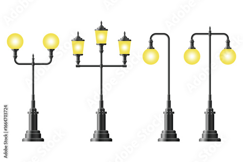 A collection of black street lamps with yellow lights, featuring a variety of designs. These lamps are ideal for illuminating streets and pathways at night.