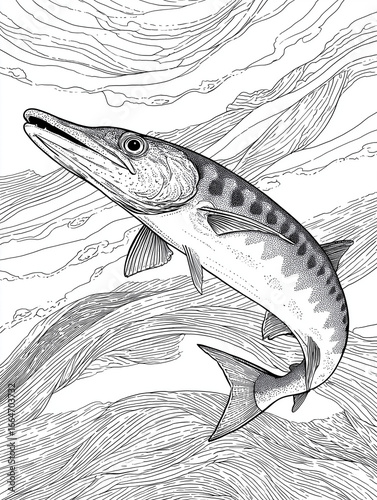 Detailed black and white illustration of a barracuda swimming in stylized water currents
