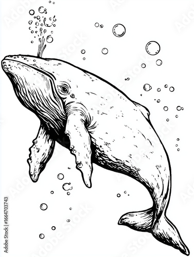 Black and white illustration of a whale swimming underwater with bubbles rising
