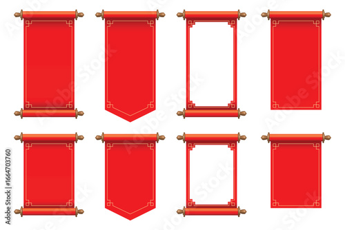 Eight red scroll banners with golden details and various shapes in a horizontal composition. These banners evoke traditional announcements and festive events. Isolated on white.