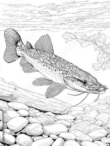 Black and white line art of a catfish swimming underwater among rocks and driftwood
