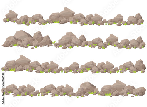 Cartoon illustration with four rows of polygonal, gray rocks interspersed with bright green grass, isolated on a white background, depicting a simplistic nature scene.