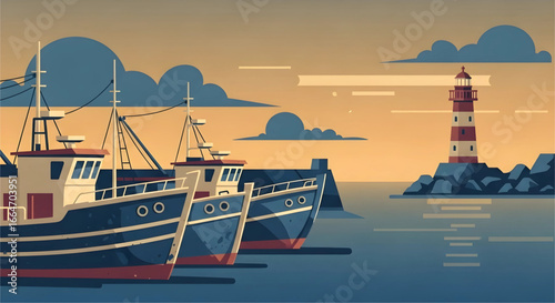 Tranquil nautical scene with moored fishing vessels under a calm sky and a distant lighthouse providing a sense of maritime safety and serene coastal atmosphere