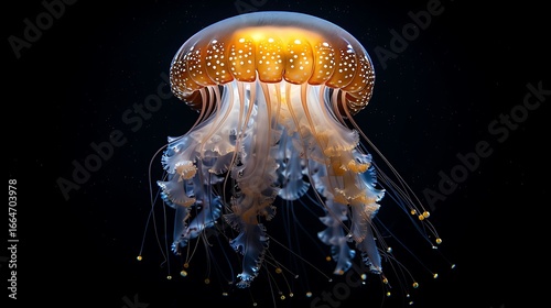 A golden jellyfish gracefully drifts in the dark, mysterious ocean depths