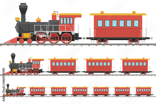 A vintage steam engine train with multiple passenger cars, presented in varying lengths. The locomotive and rail cars are red and black, set against a white backdrop.