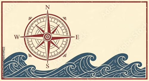 Vintage nautical map with stylized compass rose over stylized wave patterns, evoking themes of exploration, adventure, and maritime history with a touch of artistic elegance