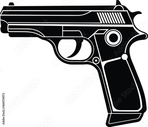 Illustration of a black pistol, a lethal weapon used in law enforcement, military, and selfdefense, symbolizing power and control