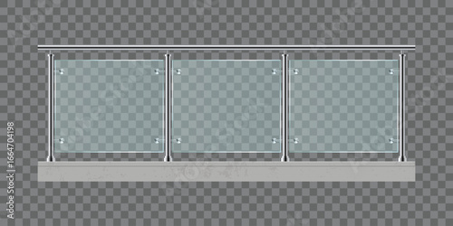 A transparent illustration showcases a sleek glass and steel railing. The design features clear glass panels held in place by steel posts and hardware on a concrete base.
