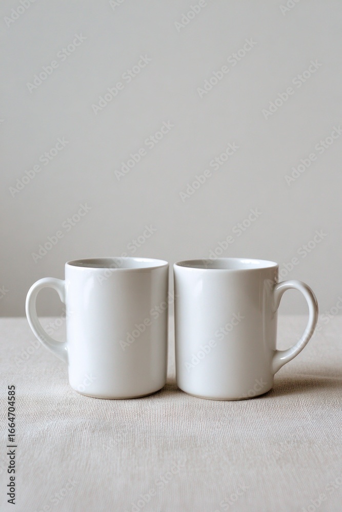 Fototapeta premium White ceramic mugs resting side by side on light fabric, creating minimalist composition suggesting quiet companionship and peaceful morning stillness