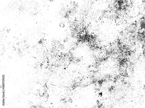 A high-contrast monochrome image features a grainy, abstract texture, with various spots, blemishes, and imperfections scattered across a white surface. Details include scratches and aging effects.