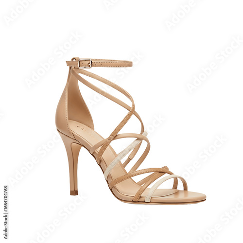 A stylish beige high heel sandal with multiple delicate straps is presented on a stark black background.