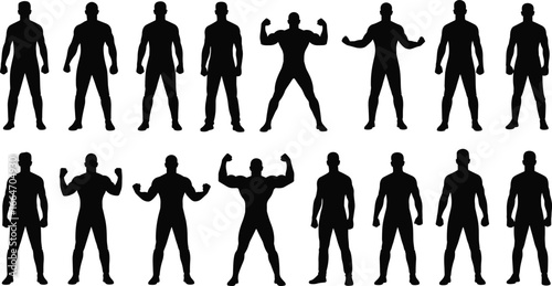 Bodybuilder silhouette collection, muscular man poses, fitness and gym vector illustration, strong male figure, isolated black figure design