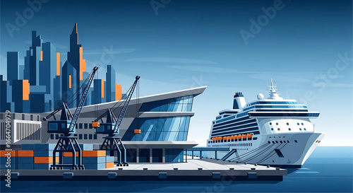 Serene voyage departure a stylized cityscape and cruise ship illustration showcasing urban transport and holiday getaway amidst tranquil blue scenery and modern architecture