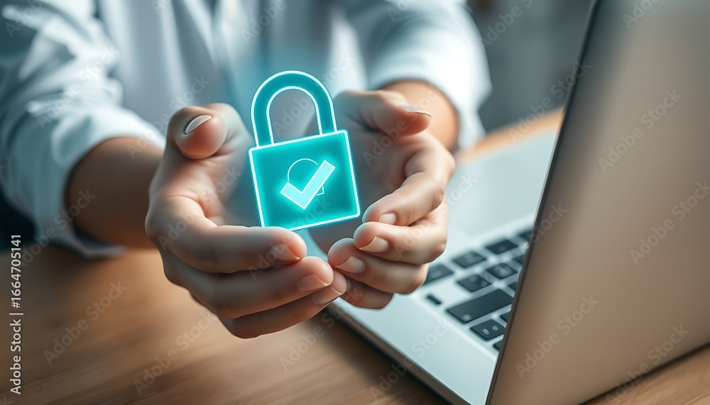 Person holding illuminated blue padlock with checkmark symbol over laptop cybersecurity data protection Person holding illuminated blue padlock with checkmark symbol over laptop cybersecurity data protection