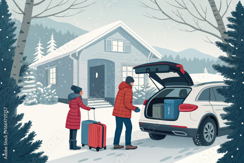 Family packing car for winter travel.