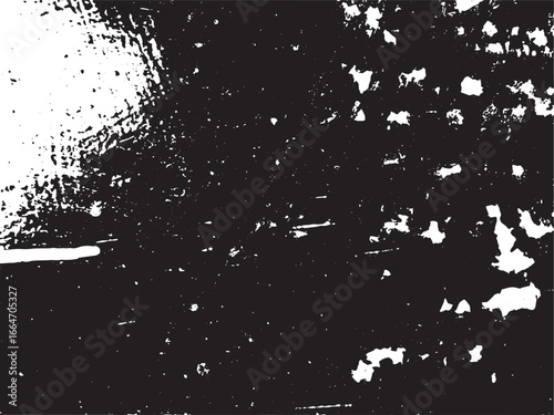 This high-contrast image shows a vector grunge overlay. The design is abstract, with speckles, scratches and markings scattered unevenly across the background. It conveys a sense of rawness. 